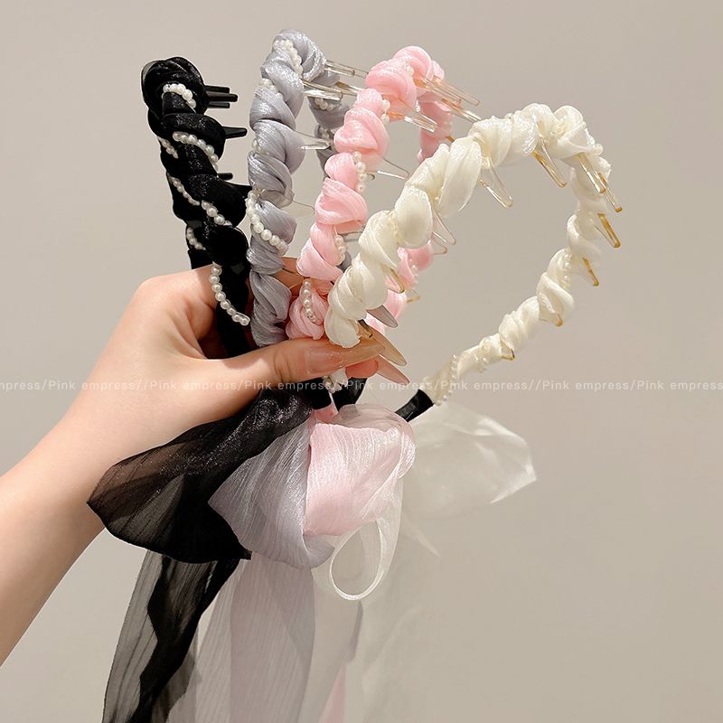 珍珠网纱飘带波浪发箍女2025新款高颅顶带齿防滑绑发丝巾头箍发d1