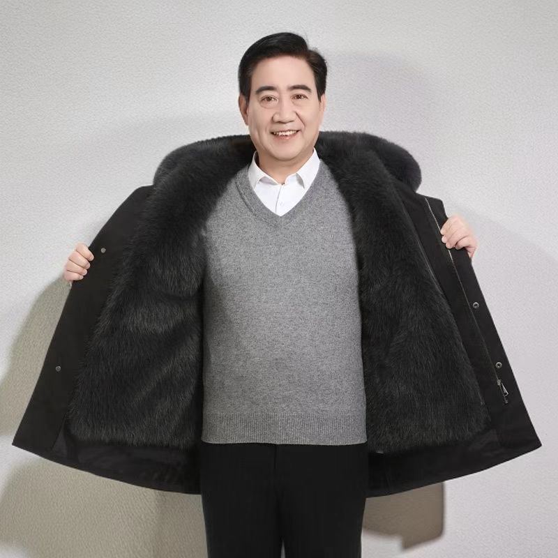 中老年男士冬季爸爸装加绒加厚防寒保暖皮毛一体中长款派克服外套