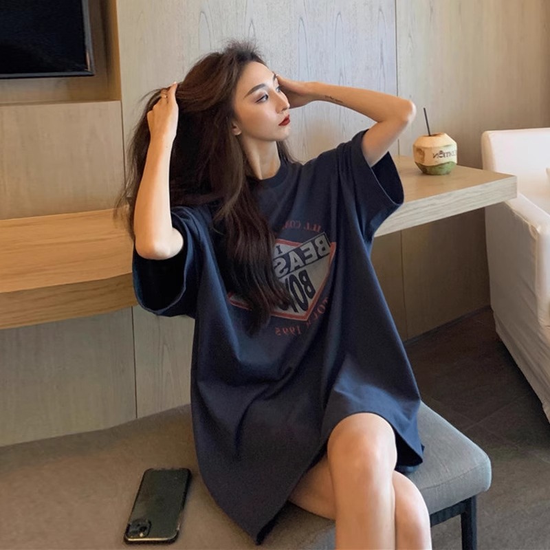 2025新款蓝色短袖t恤女夏大版宽松爆款中长款遮屁股显瘦oversize