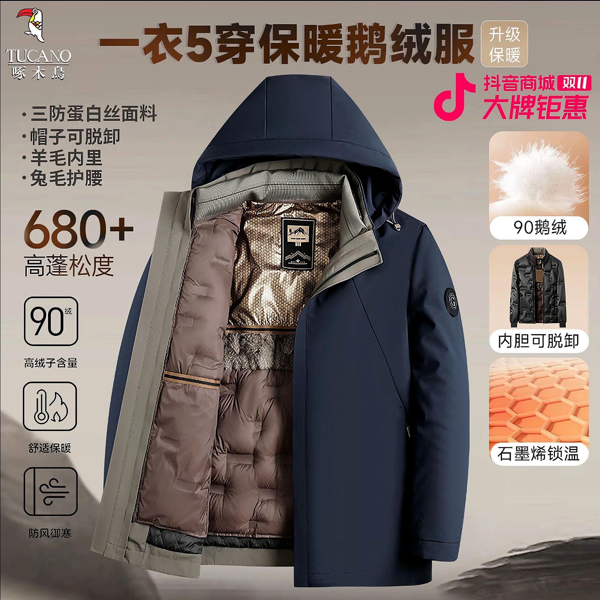 啄木鸟（一衣五穿）羊毛兔毛+90鹅绒双保暖男士秋冬羽绒服双11好物