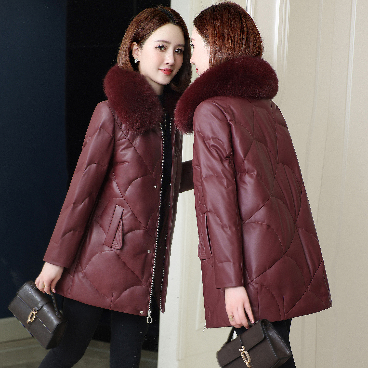 高端真皮羽绒服女中长款绵羊皮狐狸毛领冬保暖妈妈外套厚2025新款