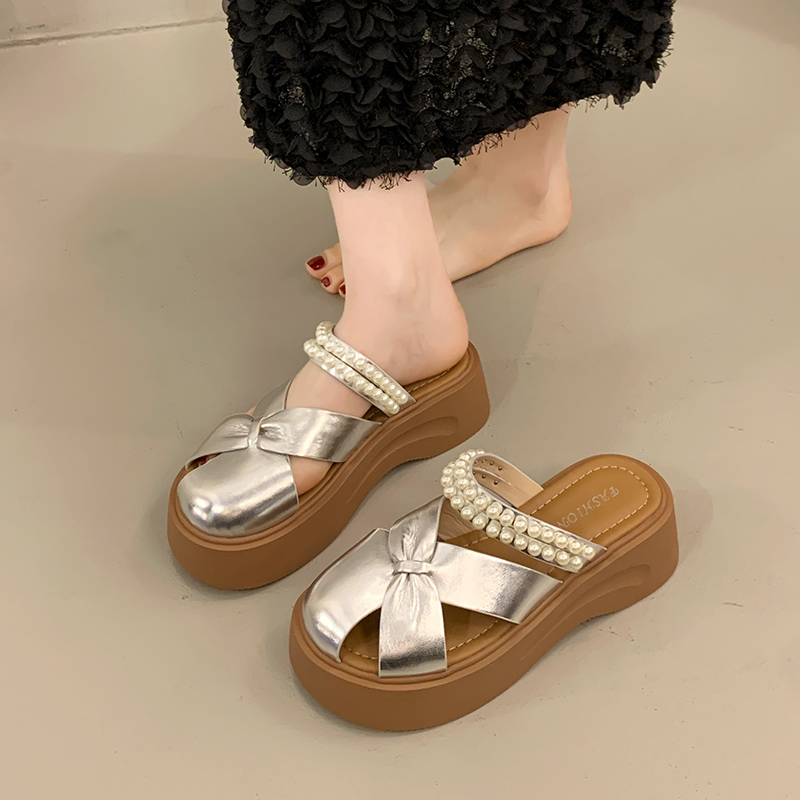 包头半拖鞋女2025新款夏季珍珠两穿厚底外穿镂空一脚蹬懒人凉拖鞋