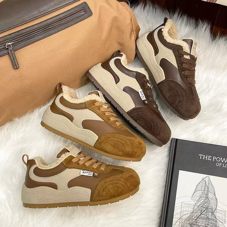 防滑保暖时尚休闲加绒德训鞋女款冬季软底百搭爆款韩版系带秋冬