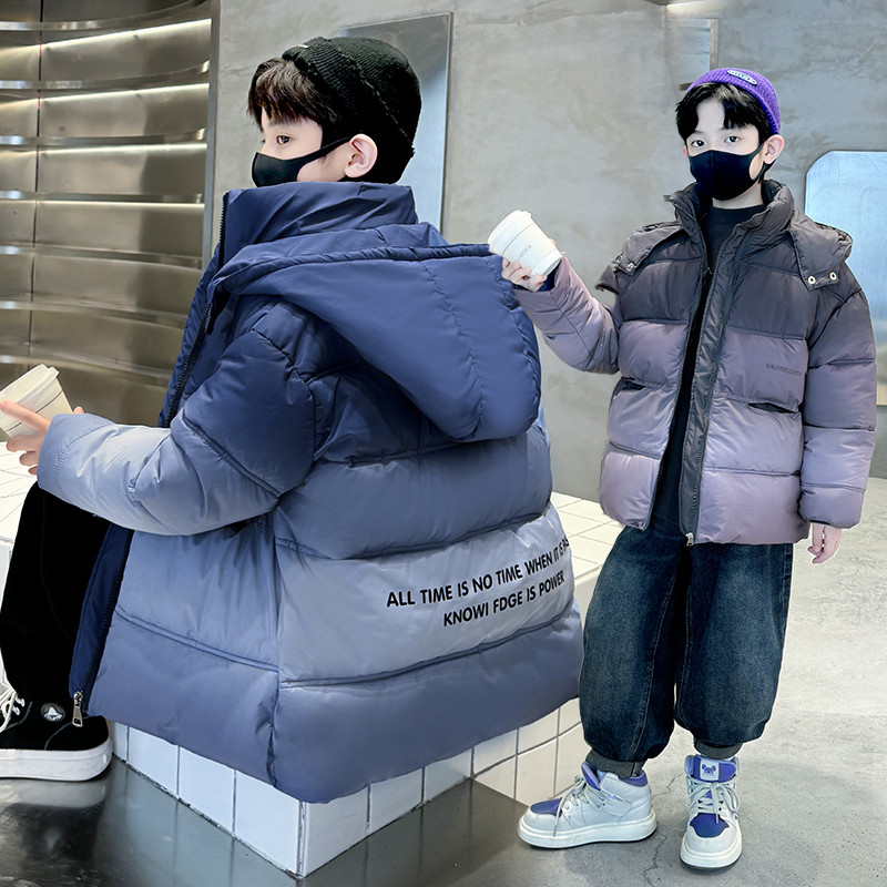 男童渐变色棉衣冬装中长款加厚外套2024中大童连帽男孩冬季棉袄