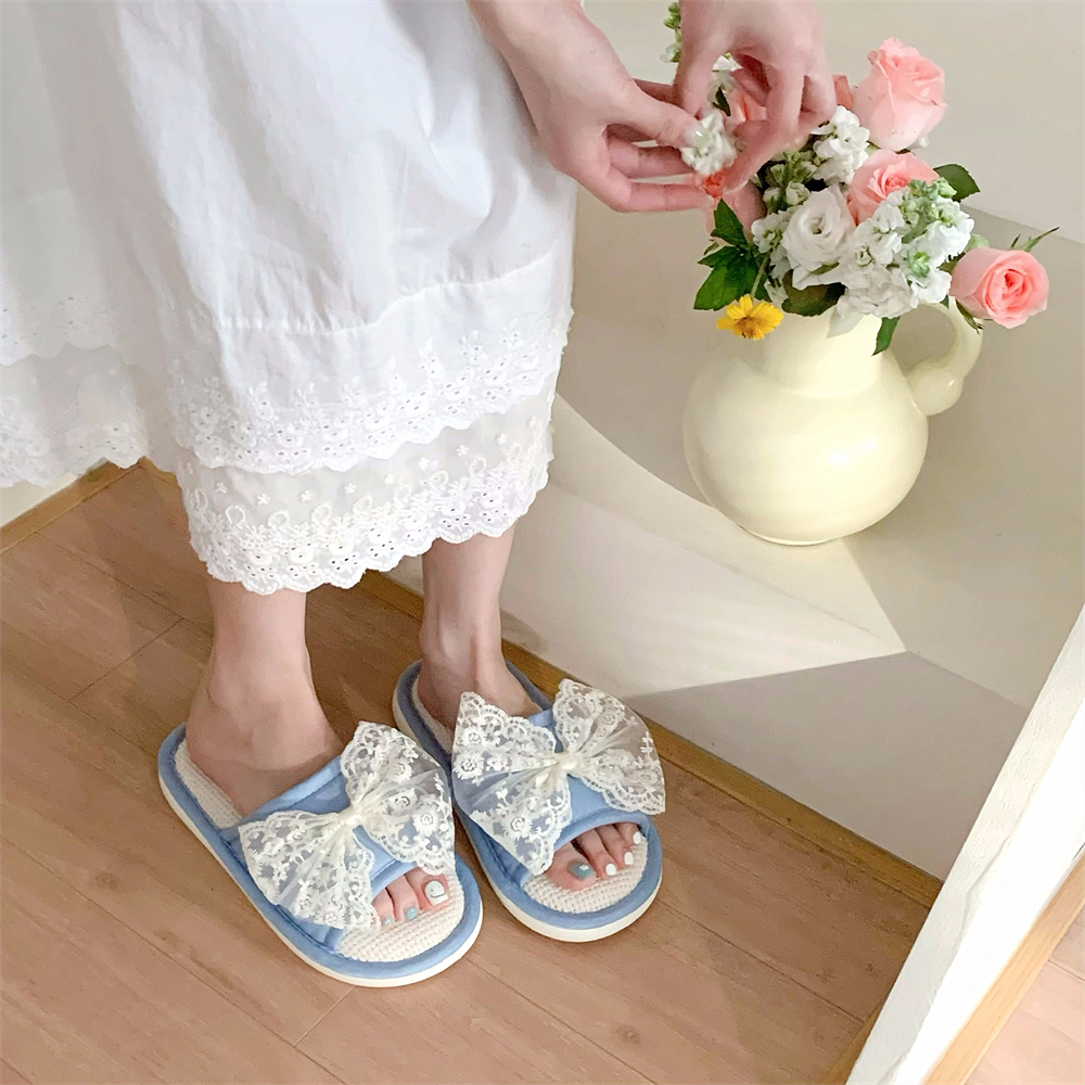 细细条 四季通用女甜美蕾丝蝴蝶结一字拖鞋家居吸汗休闲亚麻拖鞋