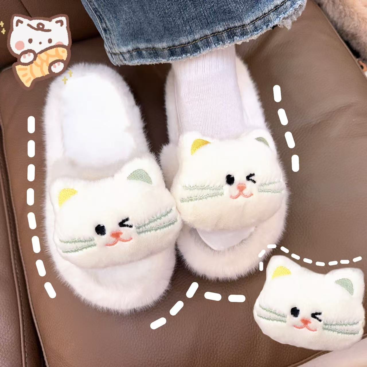 学生新款小猫毛毛拖鞋女可外穿室内外防滑厚底可爱毛绒卡通棉拖
