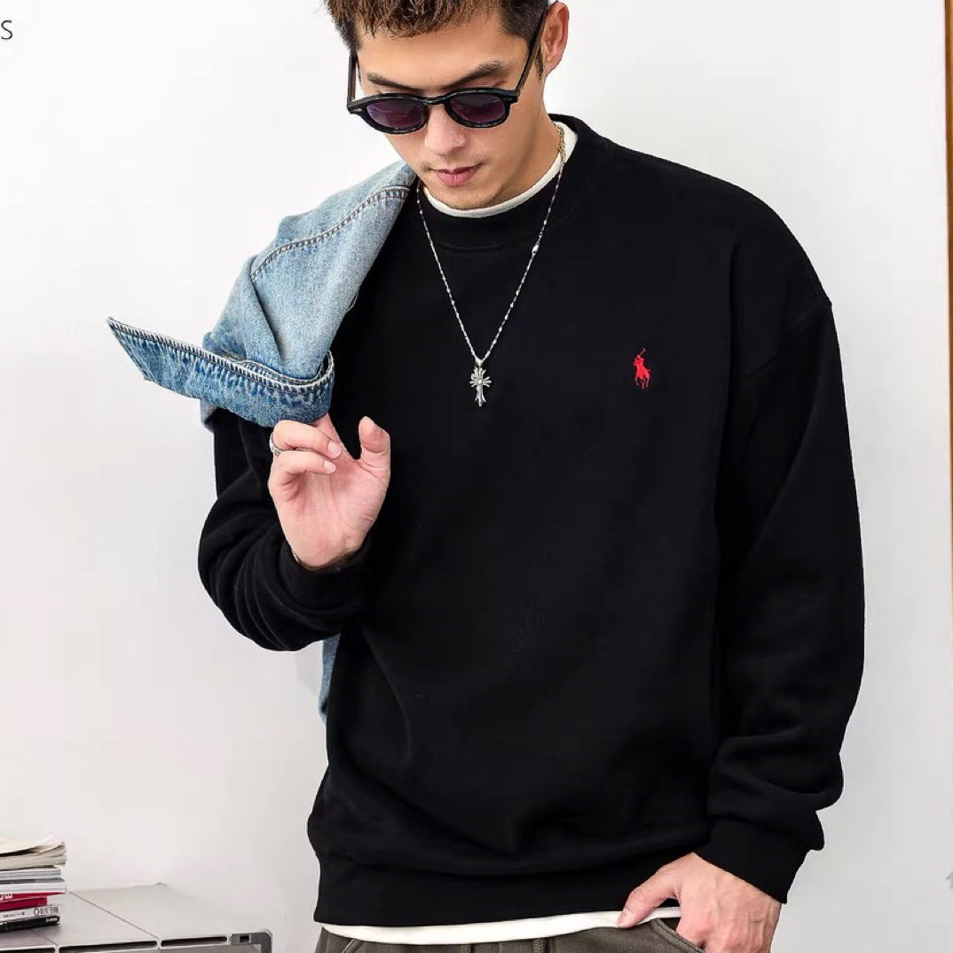 7526男士加绒卫衣小马刺绣简约百搭秋冬休闲圆领宽松