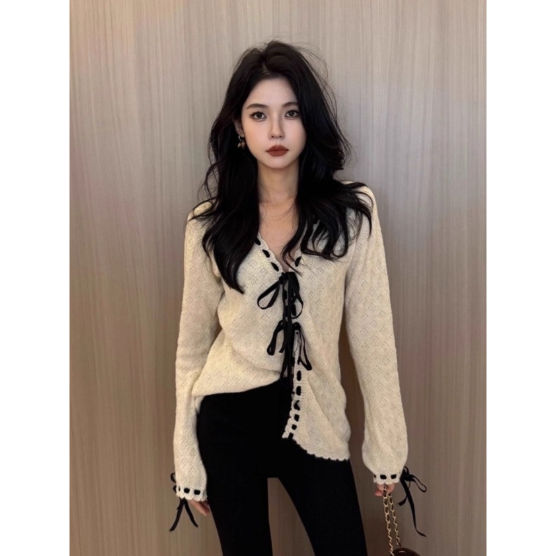 韩式米色针织衫外搭上衣2025新款秋慵懒风高级感超好看毛衣外套女