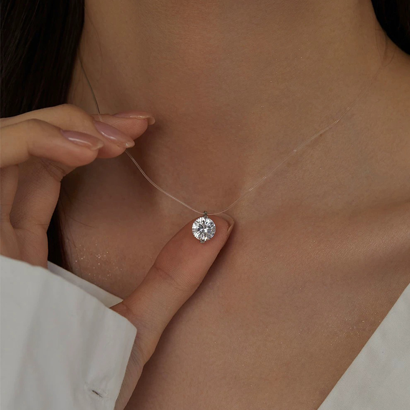 铜锆石项链 人鱼之泪鱼线莫桑石项链女精致锆石隐形小众锁骨链