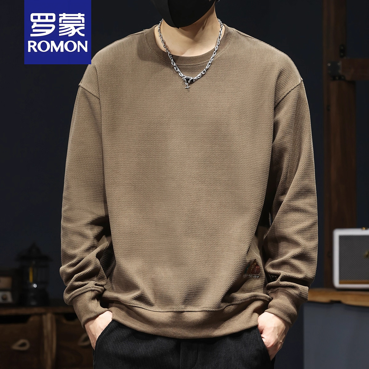 罗蒙雷茨秋季新款重磅针织卫衣男宽松大码潮牌百搭圆领长袖上衣
