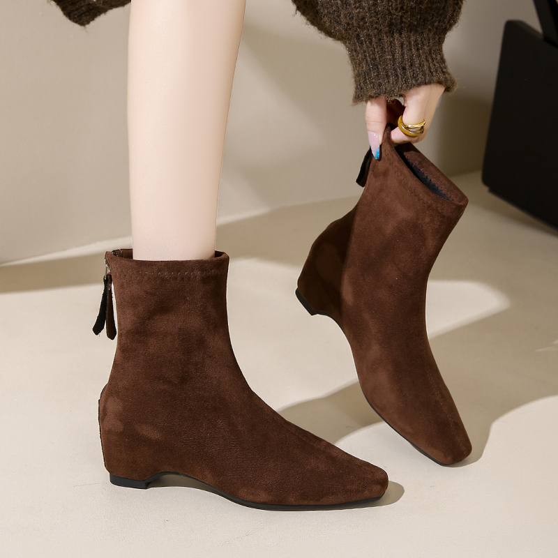 冬季时装靴法式后拉链加绒短筒靴内增高显瘦棉靴低跟方头马丁靴女