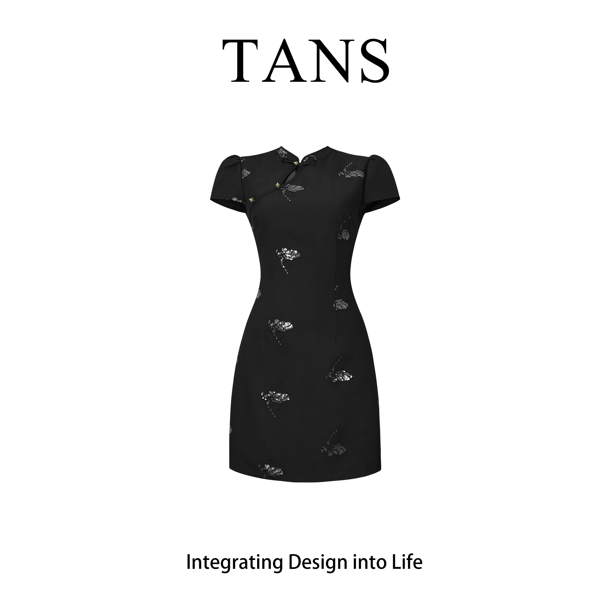 现货 TANS【黑尾凤蝶】黑色新中式改良旗袍国风刺绣亮片蝴蝶连衣裙