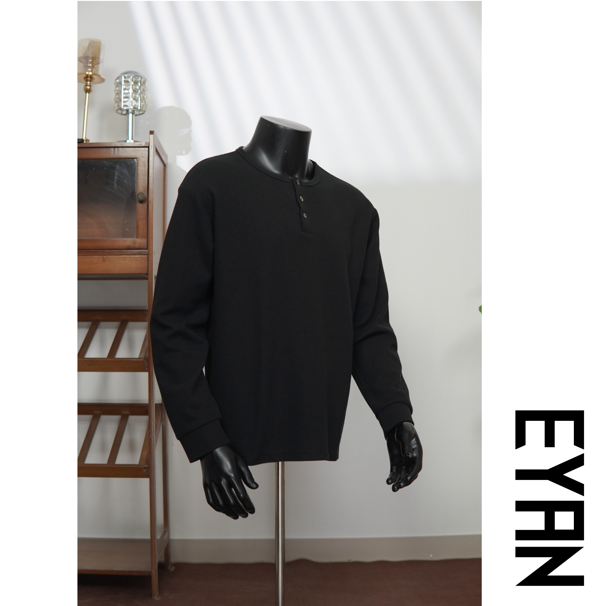 EYAN新疆棉亨利领T恤男士纯色春秋长袖男设计感高级感落肩上衣潮