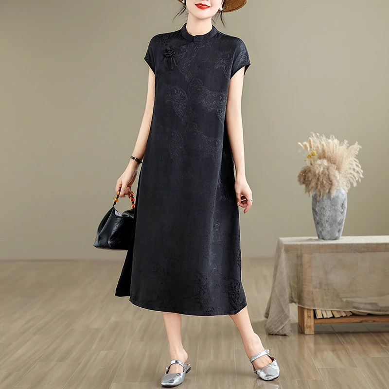 2530#新中式提花盘扣黑色旗袍裙女夏季新款宽松气质显瘦连衣裙