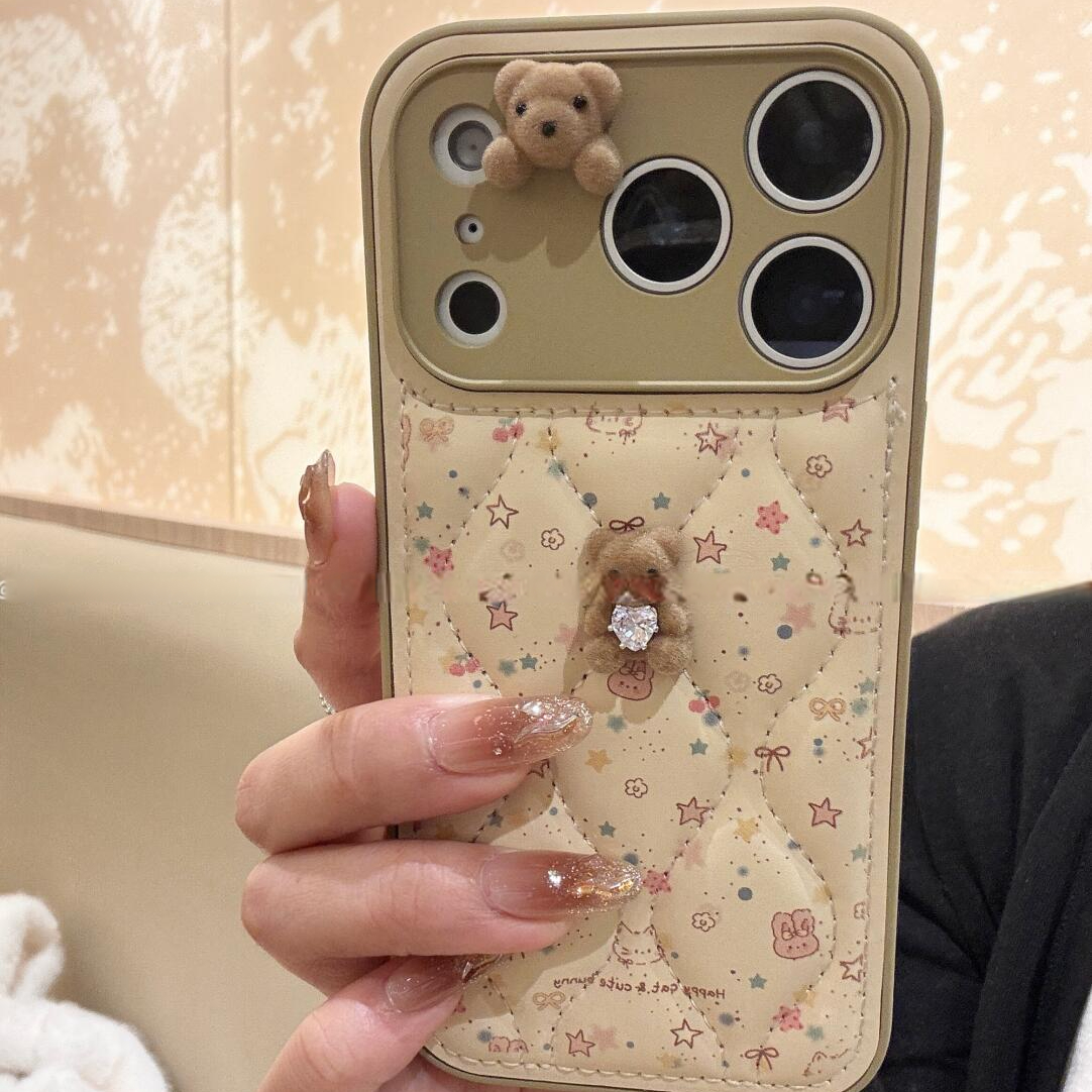 韩系碎花小熊皮质全包适用于iPhone17promax手机壳16/15/14少女