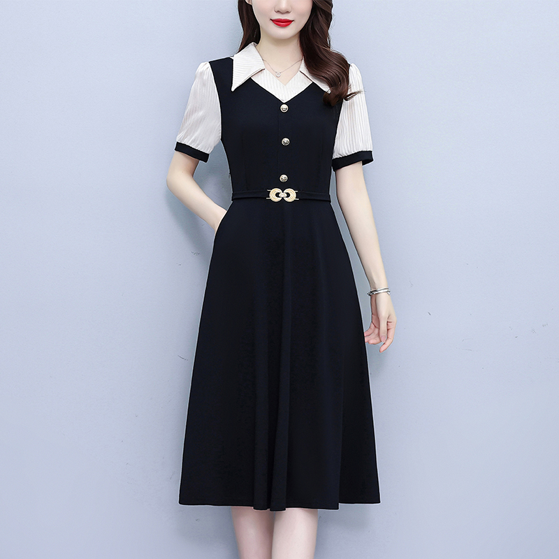 2025夏季女装条纹西服领拼色连衣裙时尚气质遮肉显瘦中年妈中长裙