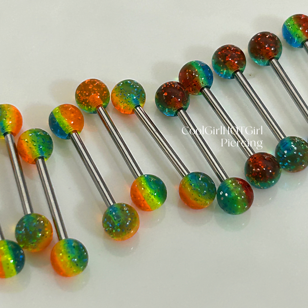 钛钢亚克力耳饰 CGHG 爆闪闪片彩虹亚克力舌钉 钛钢外螺纹舌头钉