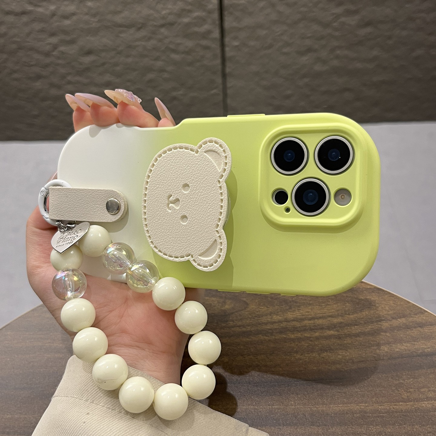 晕染绿白熊支架适用苹果16PROMAX手机壳15女款华为OPPO小米VIVO