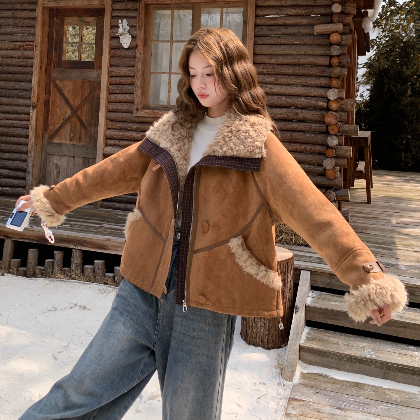 翻领仿羊羔毛外套韩系学院风棉服加厚女款麂皮绒外套皮毛一体冬季