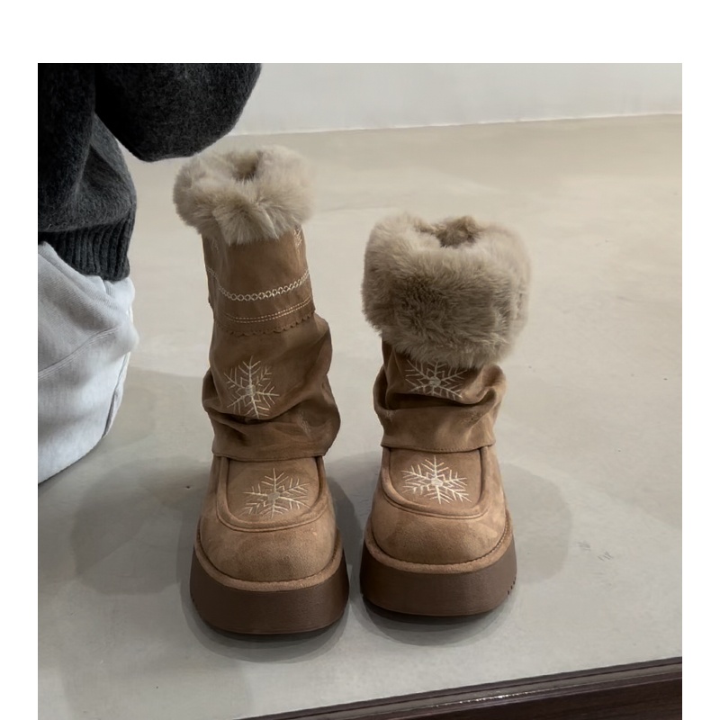 软皮版~小众雪花设计厚底时髦雪地靴女绒面褶皱冬季保暖加绒棉靴