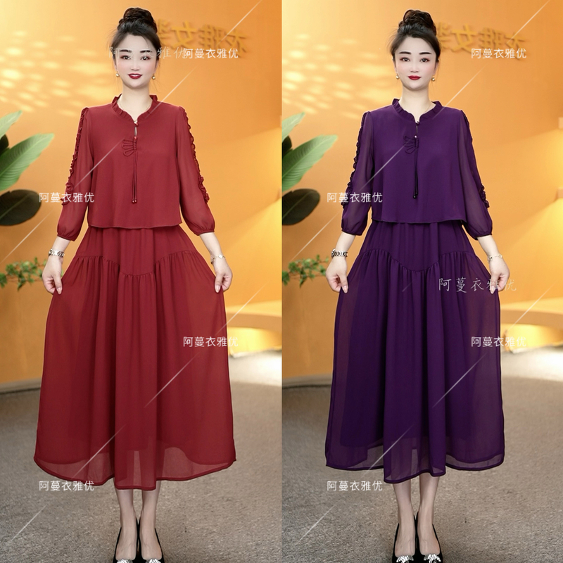 【衣雅严选】8101-1689#新款高定气质重磅桑丝纱双层假两件连衣裙