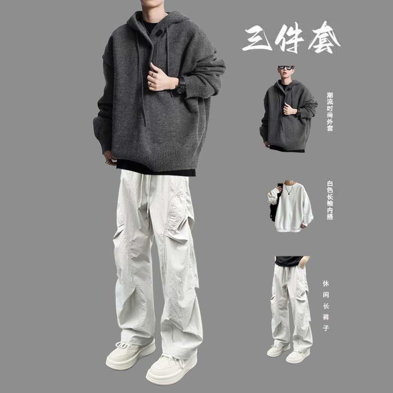 美式复古连帽毛衣男款套装秋冬季加厚慵懒风针织衫搭配时髦三件套