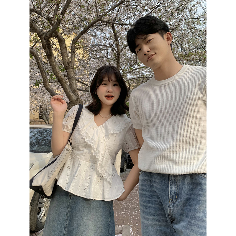 KMZY/KMZY小胖潇专属【甜妹花边】微胖mm韩版短款蕾丝镂空气质衬衫