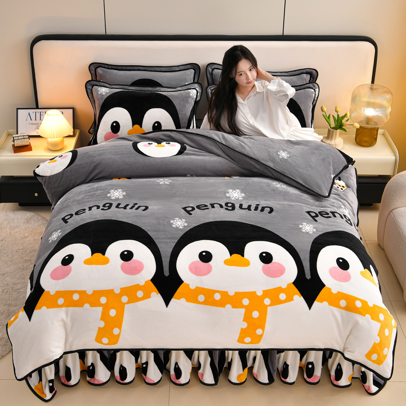 8-9斤双面绒牛奶绒四件套爆款卡通保暖柔软细腻床裙被套床上用品