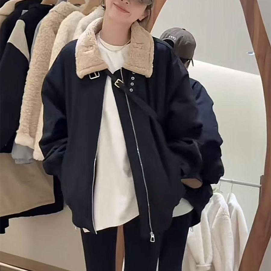 韩版拼接羊羔毛翻领夹棉工装派克服外套女2025冬新款休闲保暖棉衣