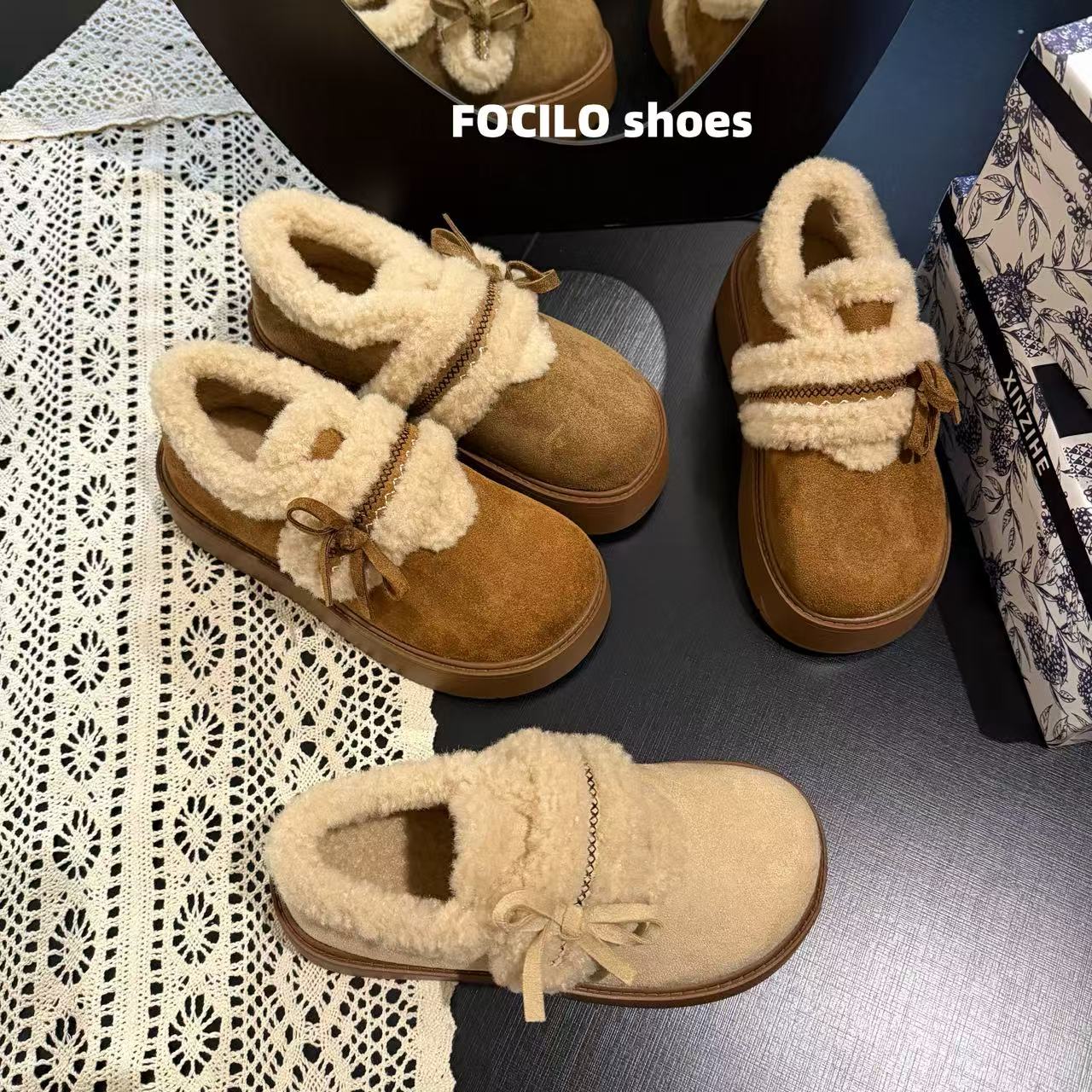 复古文艺松糕厚底勃肯鞋女2025冬季加绒配裙子保暖魔术贴毛毛棉鞋