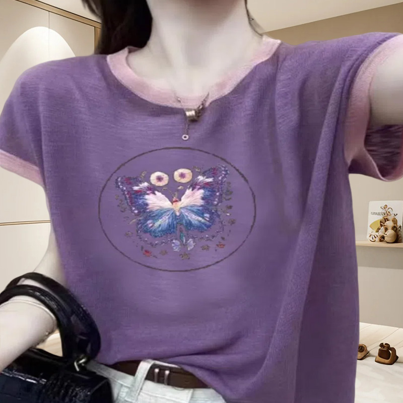 竹节棉短袖夏季显瘦圆领短袖T恤ins女松弛感女装紫色半袖t恤上衣