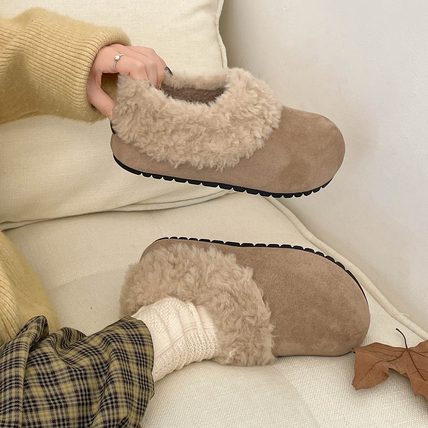 复古白色厚底加绒加厚雪地棉鞋女冬2025新款外穿保暖毛毛勃肯鞋子