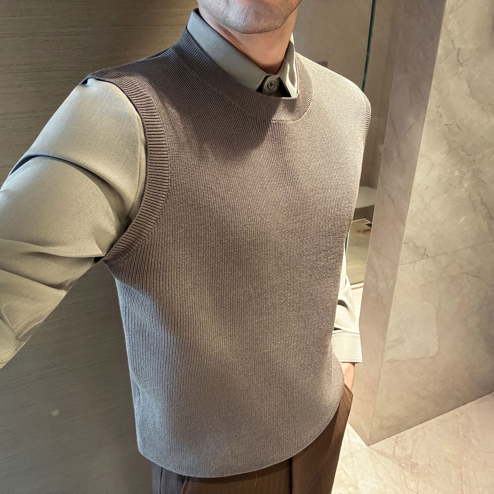 秋冬季休闲简约假两件毛衣男士针织马甲衬衫针织衫百搭时尚打底衫