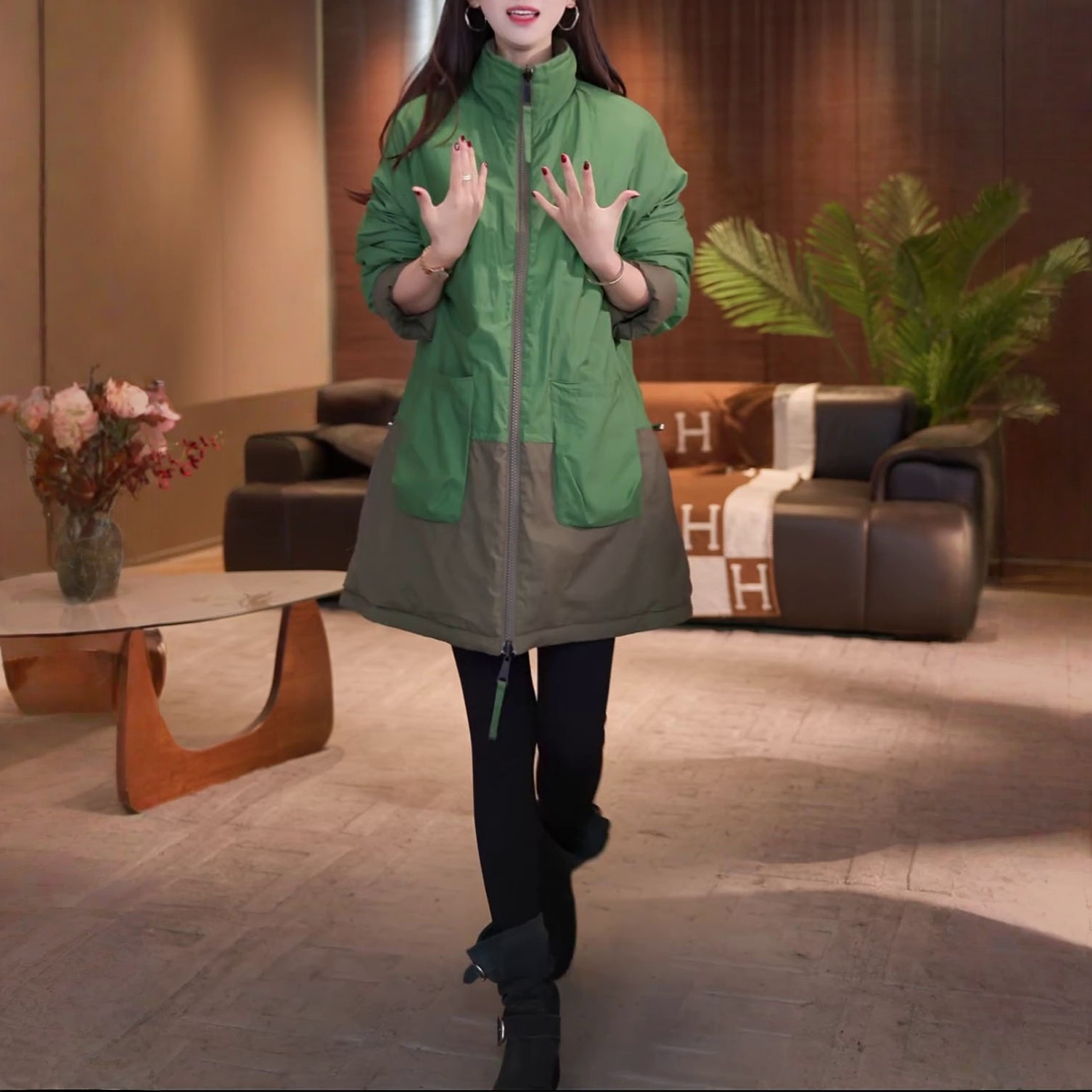 轻奢洋气撞色拼接大口袋棉服2025秋冬新款双面穿抽绳收腰保暖外套