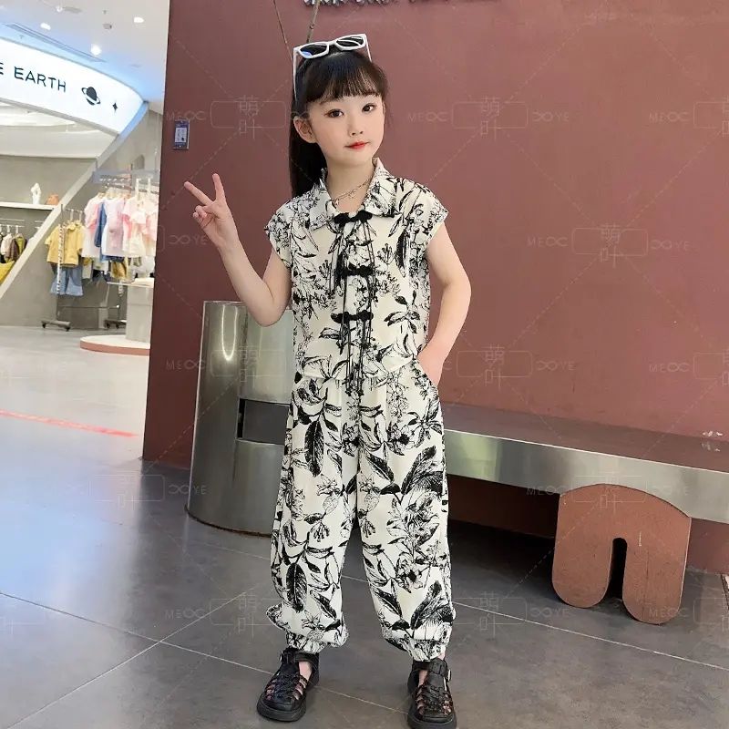 女童套装夏季盘扣水墨画儿童中大童数码印花休闲复古洋气两件套潮