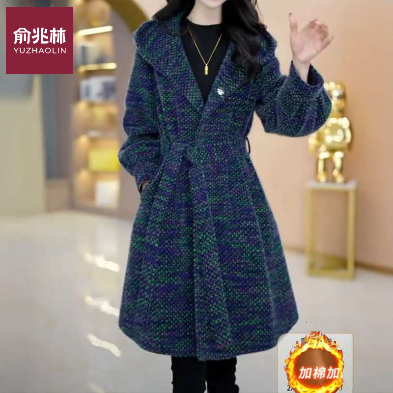 加棉加厚时尚毛呢外套女冬款气质妈妈装连帽减龄中长款风衣