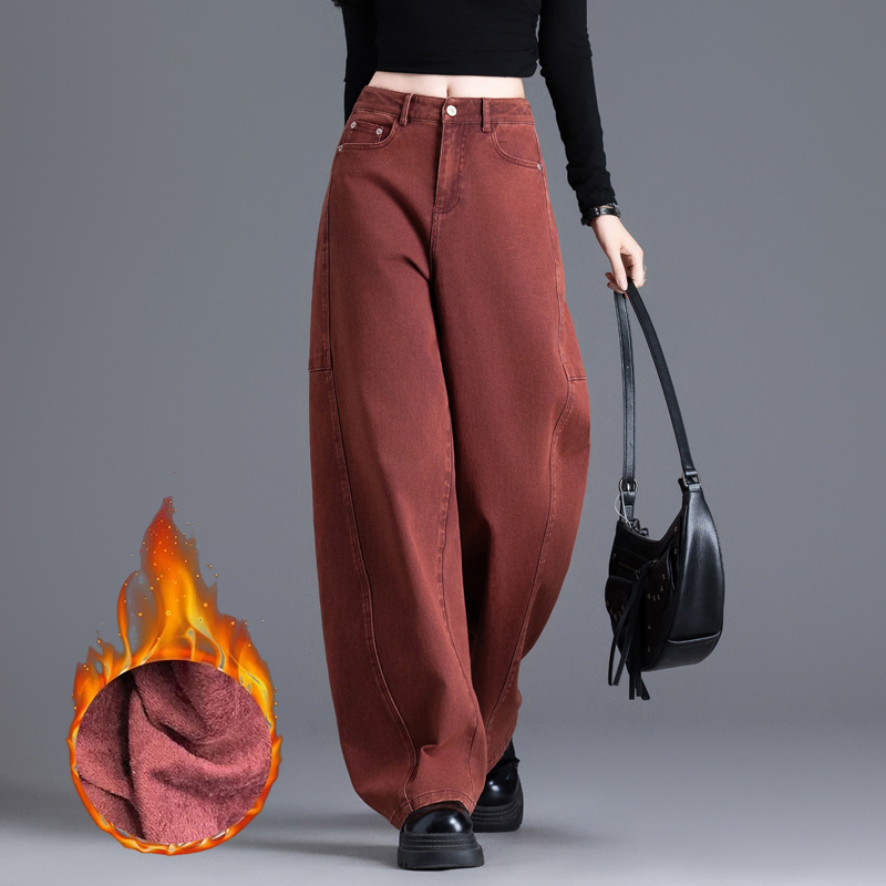 复古红色牛仔裤女2025炸街潮款裤子女士新款美式宽松秋冬季弯刀裤