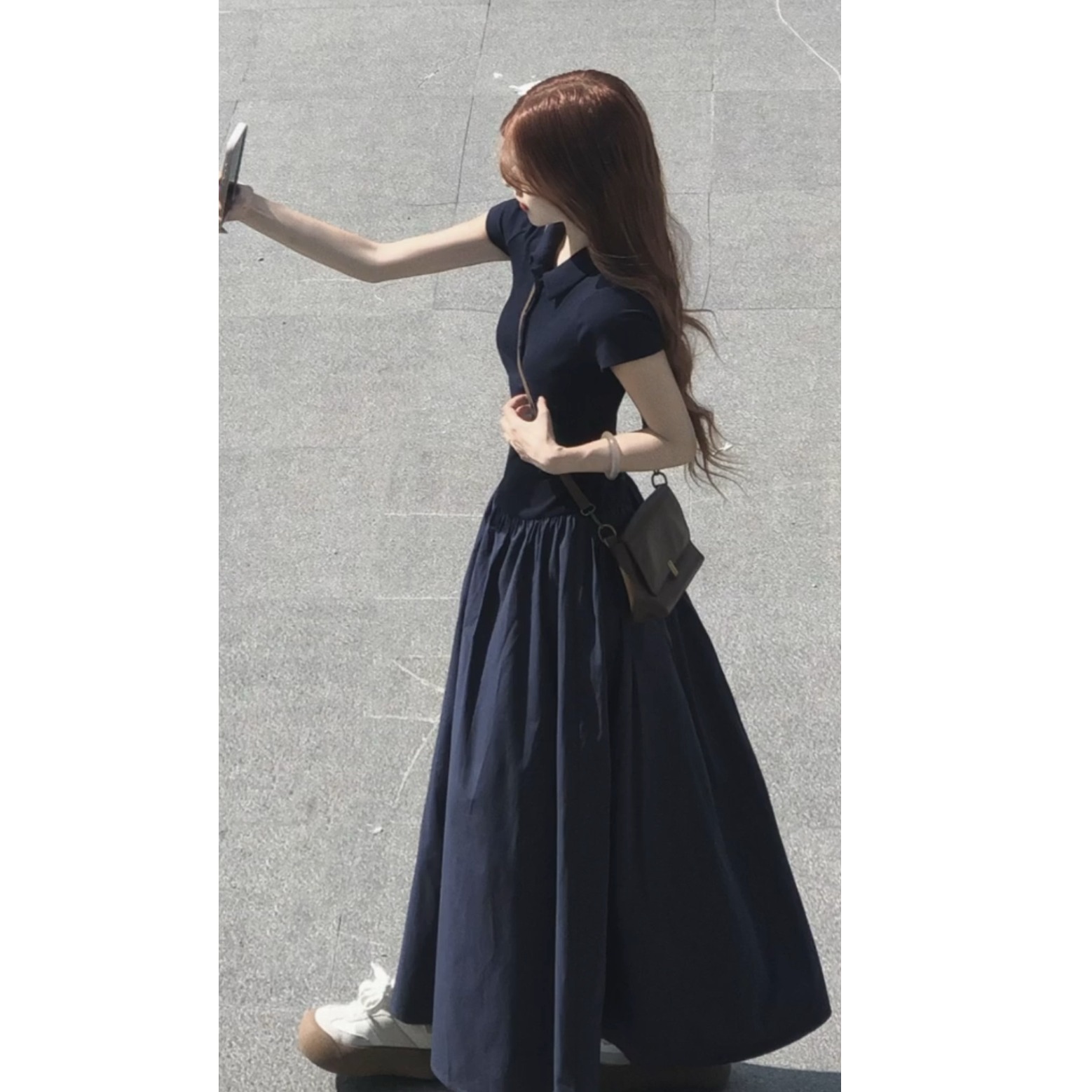 法式休闲慵懒拼接连衣裙女2025夏季短袖A字设计感温柔气质长裙子