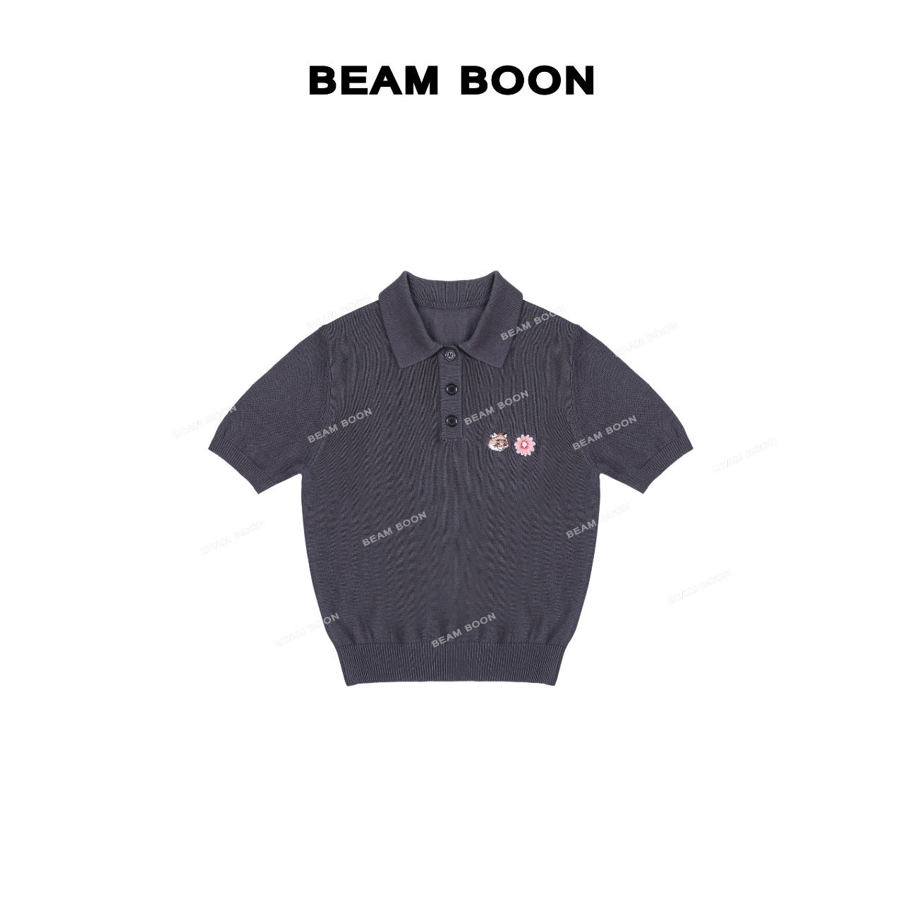 Beam Boon【精灵T】狐狸雏菊刺绣莫代尔polo领立体针织衫