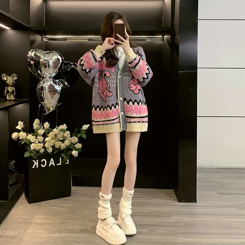 秋冬新款时尚慵懒风毛衣女独特设计感百搭显瘦宽松针织开衫外套