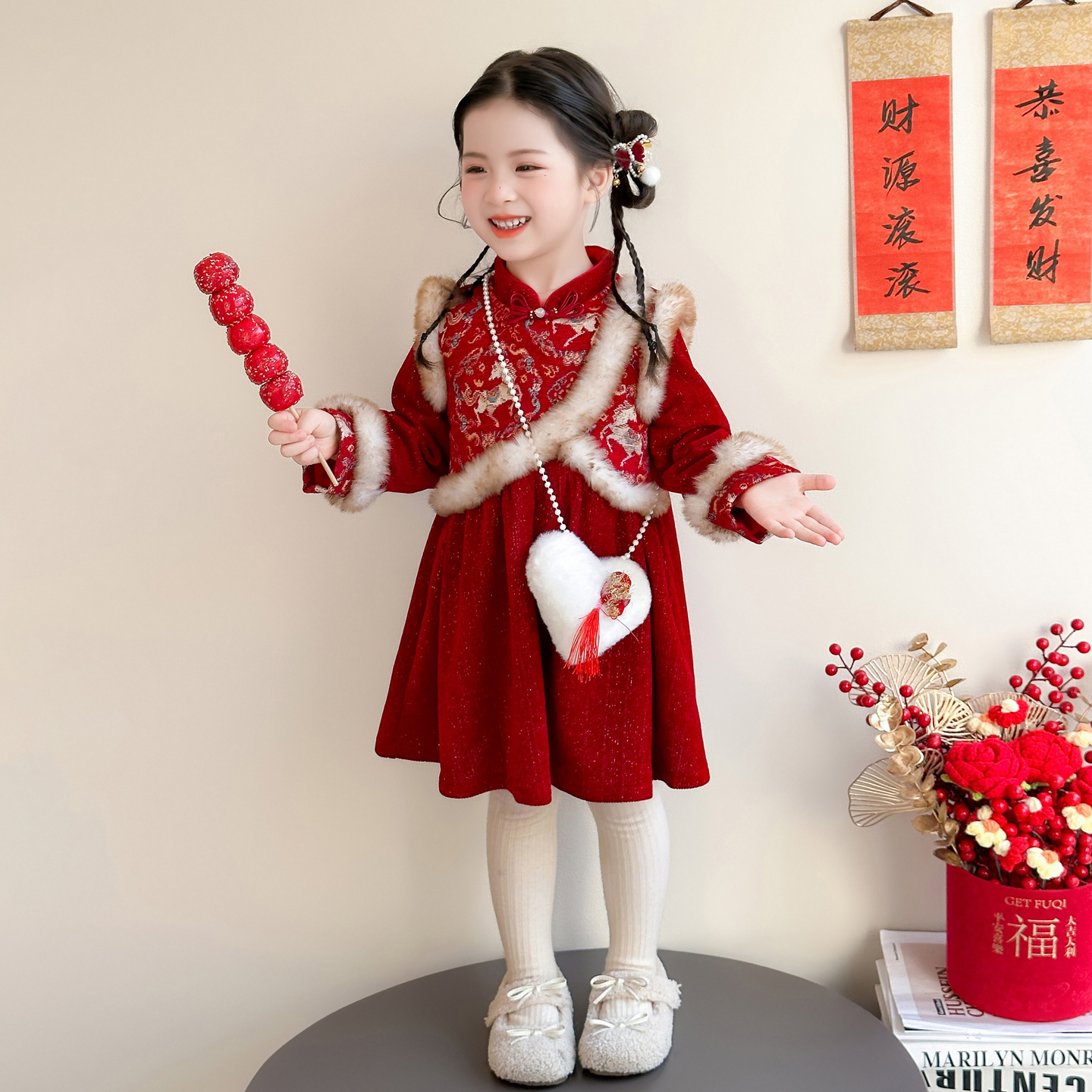 女童新中式连衣裙儿童加绒加厚拜年裙子小女孩宝宝秋冬装2025新款