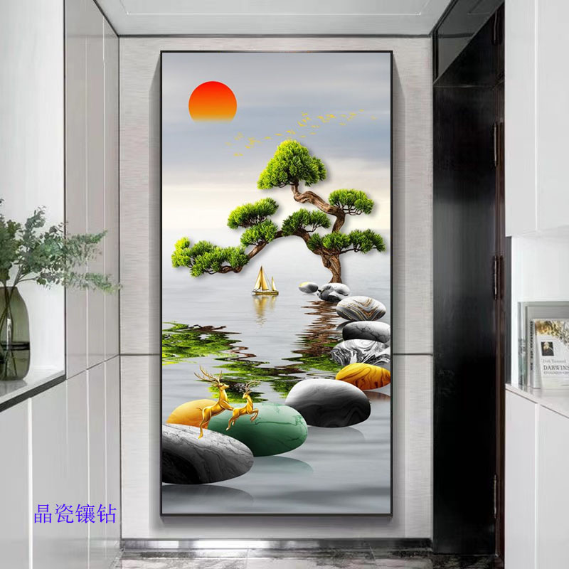 腾景空间【旭日东升】迎客松走廊过道入户玄关画意境画晶瓷画镶钻画