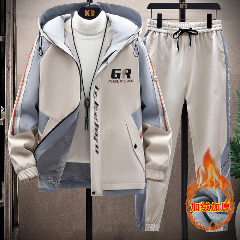 男拉链连帽夹克秋冬装外套韩版男士加绒加厚时尚休闲运动套装