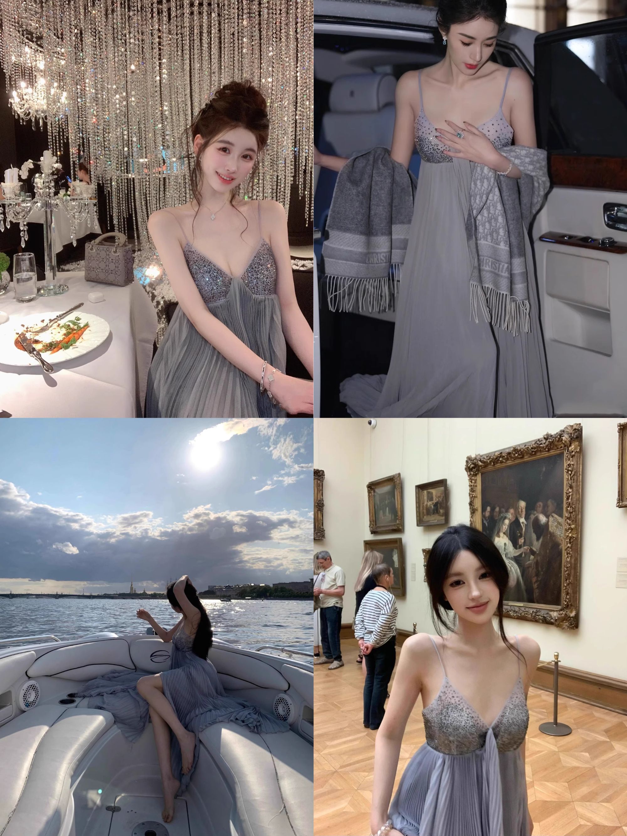蕾丝之王秀款灰色水晶V领吊带露背收腰长款显瘦长裙