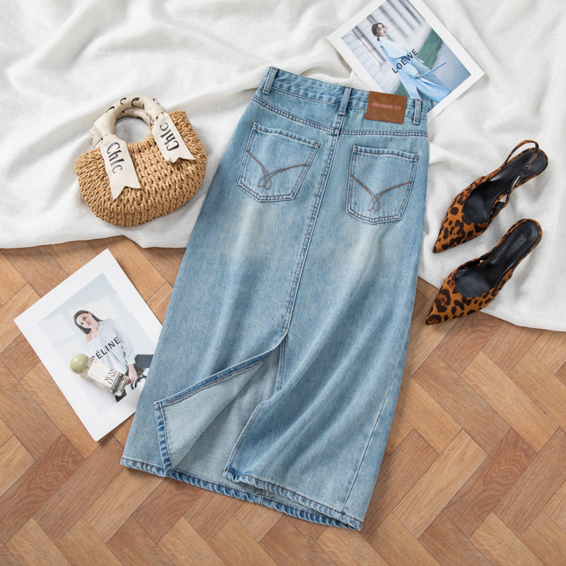 【华哥专属】2025百搭高级显腿长牛仔裙高腰A字后开叉中长半身裙女