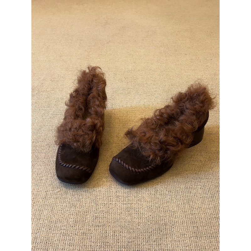 nnmiss/4cm法式方头反绒皮毛毛乐福鞋女设计感编织粗跟单鞋