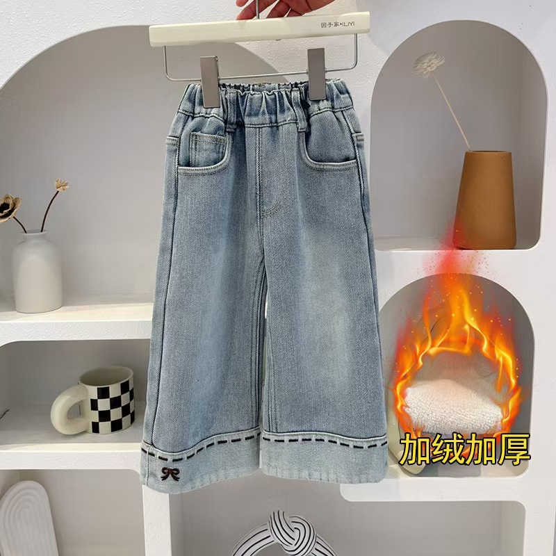 女童加绒牛仔裤冬款2025新款儿童加厚一体绒松紧腰翻边直筒潮流