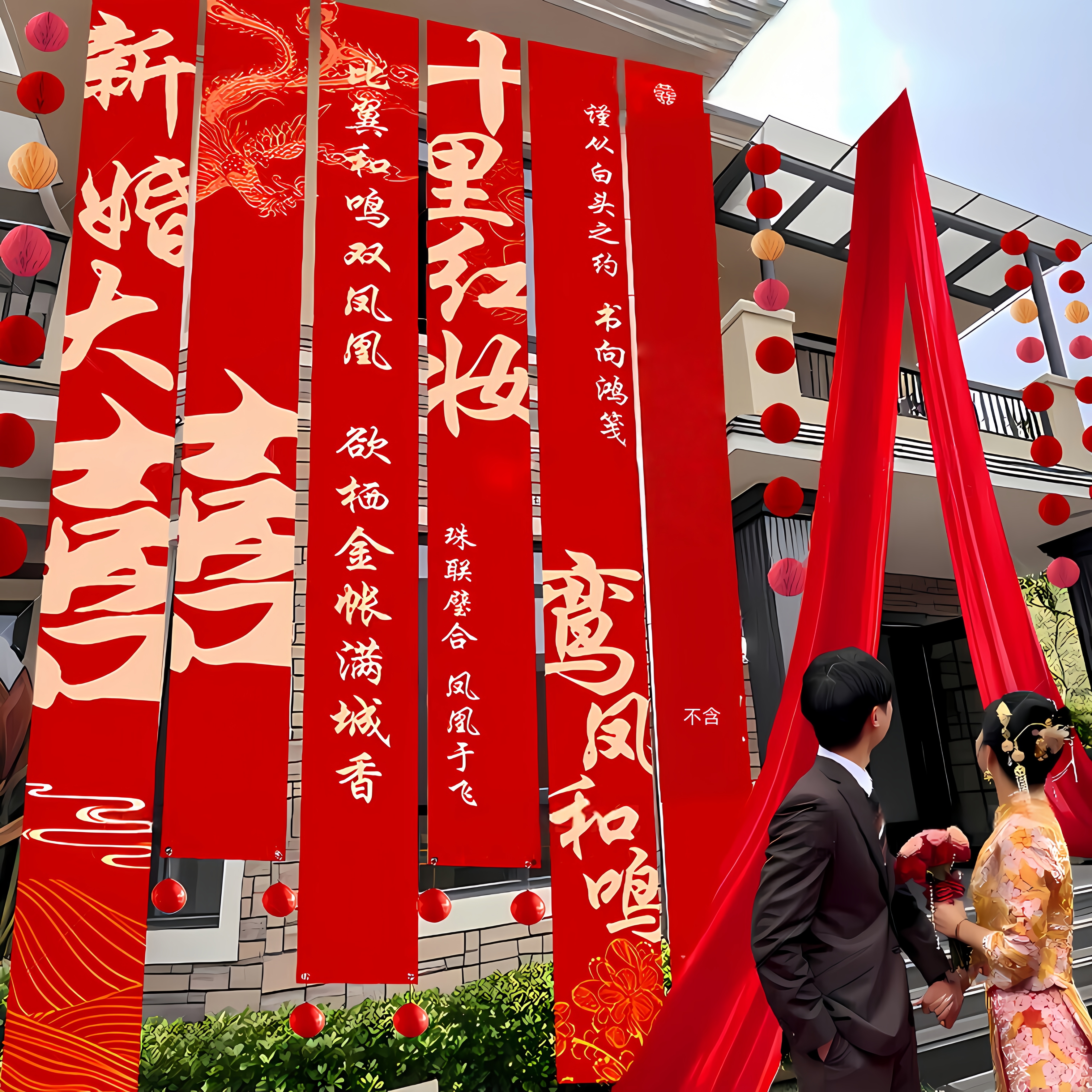 结婚农村院子条幅装饰大挂布自建房庭院场景布置户外装饰喜字横幅