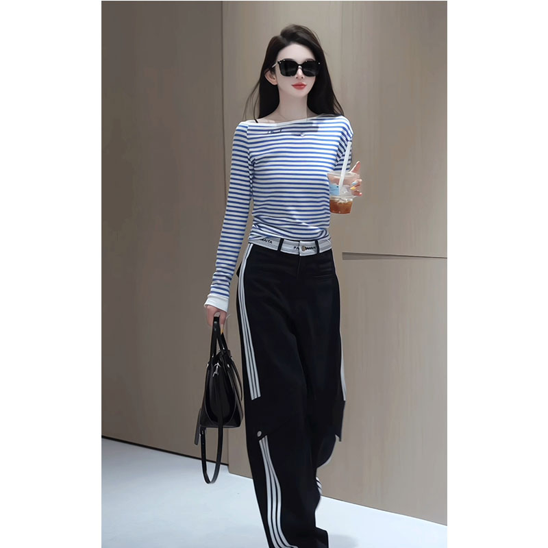 2025秋夏斜领条纹长袖t恤打底衫三条杠高腰窄版阔腿裤子两件套装