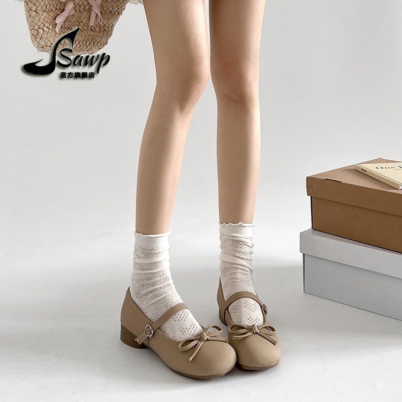 单鞋女2025新款法式蝴蝶结珍女鞋粗跟高跟鞋配裙子春秋白色百搭